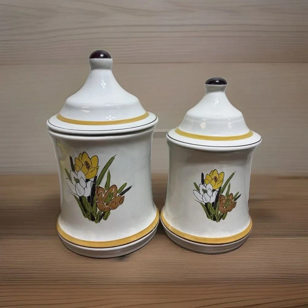 Vtg 70s Acsons Adela Canister Set Of 2 Mid Century Retro Floral Grandma Cottage